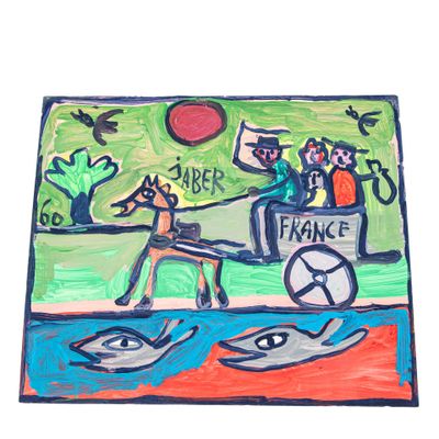 tableau représentant une calèche tirée par des chevaux, avec un homme et un chien à l'arrière