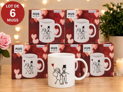 four mugs with a drawing of a man and woman on them