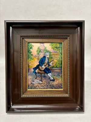 painting of a man sitting on a bench with a dog