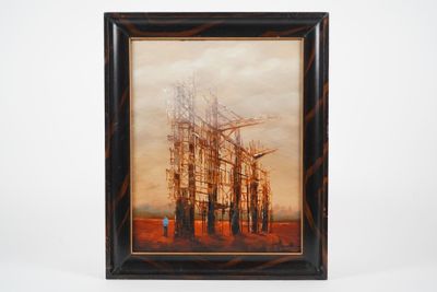 framed oil painting of a landscape with tall trees in the foreground