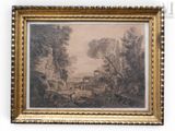 an old picture of a painting of a landscape with a bridge in the background
