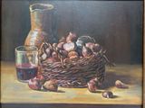 a painting of a basket of nuts and a glass of wine