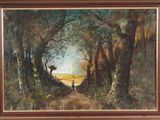 un tableau représentant un homme marchant sur un chemin de terre dans les bois
