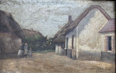 a painting of a man and a woman standing in front of a house