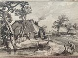 an old drawing of a village with a cow laying on the ground in front of it