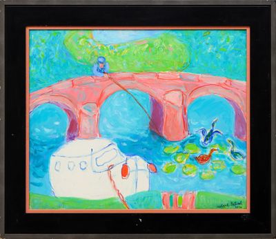 painting of a painting of a bridge with a person on it