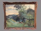 an oil painting of a tree in a field with hills in the background