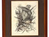 un dessin représentant un oiseau perché sur une branche d'arbre