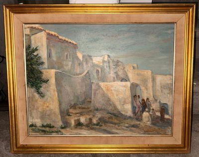 une peinture à l'huile représentant une scène de village, dans un cadre doré