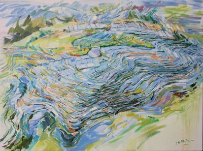 painting of a landscape with a river and mountains in the background