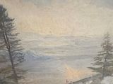 a painting of a man on skis on a snowy hill