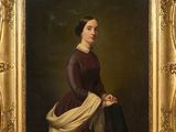 un tableau représentant une femme en robe marron tenant un sac noir