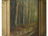 an oil painting of a forest scene with trees in the foreground