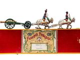 figurine représentant deux chevaux tirant une charrette sur laquelle se trouve un homme