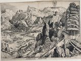 an old drawing of a mountain landscape with a river and mountains in the background