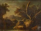 painting of a river with rocks and trees in the foreground