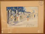 framed watercolor painting of a street scene with people and umbrellas