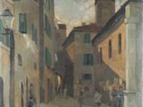 tableau représentant une scène de rue avec une tour horloge au loin