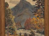 an oil painting of a mountain scene with trees and a river
