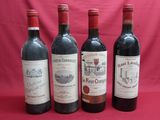 four bottles of wine are lined up on a red background