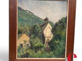 an oil painting of a church on a hill with trees in the foreground