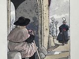a drawing of a man with a cane in front of a building