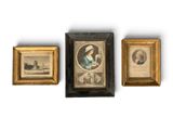 three framed pictures of a woman in a blue dress and a man in a white hat