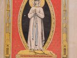 an old book with a picture of a saint holding a rosary