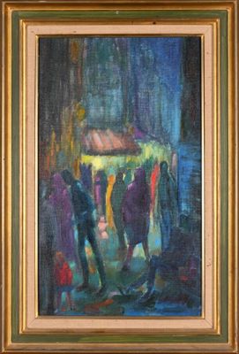 une peinture à l'huile représentant un groupe de personnes debout dans une pièce sombre