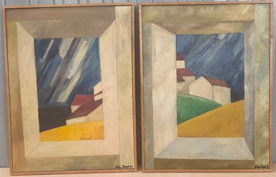 two paintings of houses and a sky are shown in a frame