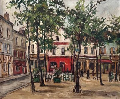 un tableau représentant une scène de rue avec des passants
