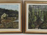two paintings of horses in a field with trees in the background