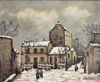 painting of a couple walking down a snowy street in front of a building