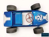 a blue toy car with a steering wheel and a steering wheel
