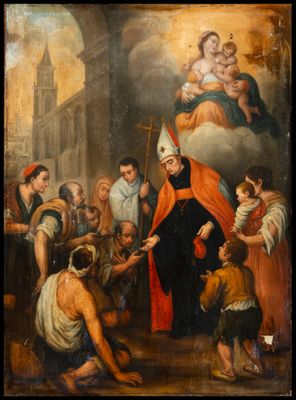 un vieux tableau représentant un homme vêtu d'une aube, entouré d'une foule de personnes