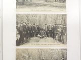 four pictures of a group of men and dogs in the woods