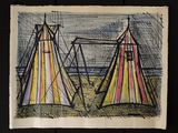 a drawing of a tent with a swing set in the background