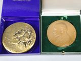 a gold medal in a blue box on a white table