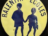 a yellow sign with a picture of a boy and a girl holding hands