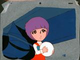 cartoon of a woman with purple hair holding a white frisbee