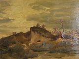 an oil painting of a boat in a body of water near a cliff