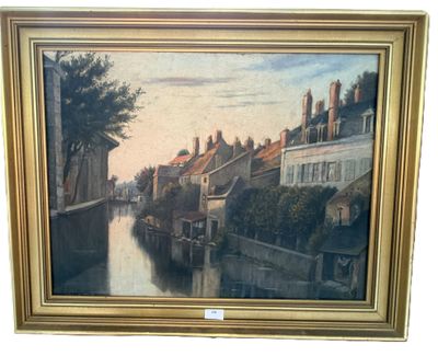 painting of a river scene with buildings and a bridge