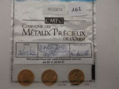 quelques pièces d'or se trouvent dans un sachet en plastique posé sur une surface blanche