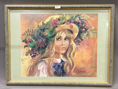 BAROCAS - Portrait d'une jeune fille au chapeau orné de ceri…