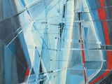 abstract painting of blue, red and white shapes on a black background