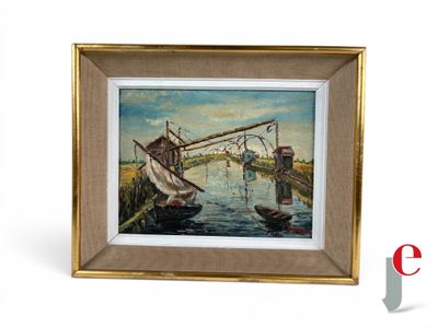 peinture à l'huile encadrée représentant un bateau amarré à un quai dans un port
