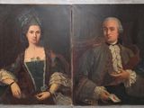 two paintings of a man and a woman in formal clothing