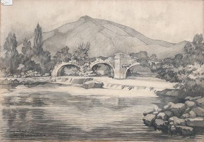 pencil drawing of a bridge over a river with a mountain in the background