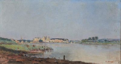 une image représentant un tableau représentant une vue sur une rivière avec une ville au loin