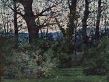 un tableau représentant un cheval dans un champ, avec des arbres en arrière-plan